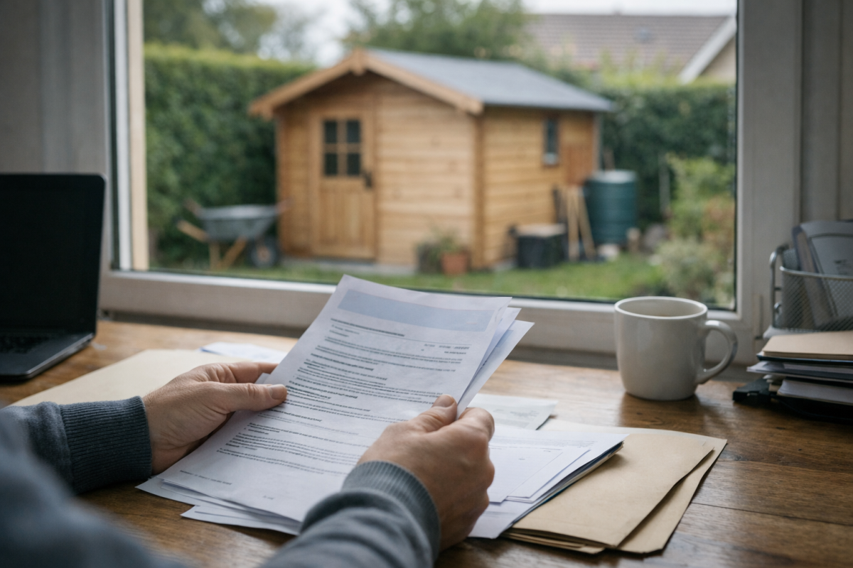 Mains tenant des documents devant un abri de jardin
