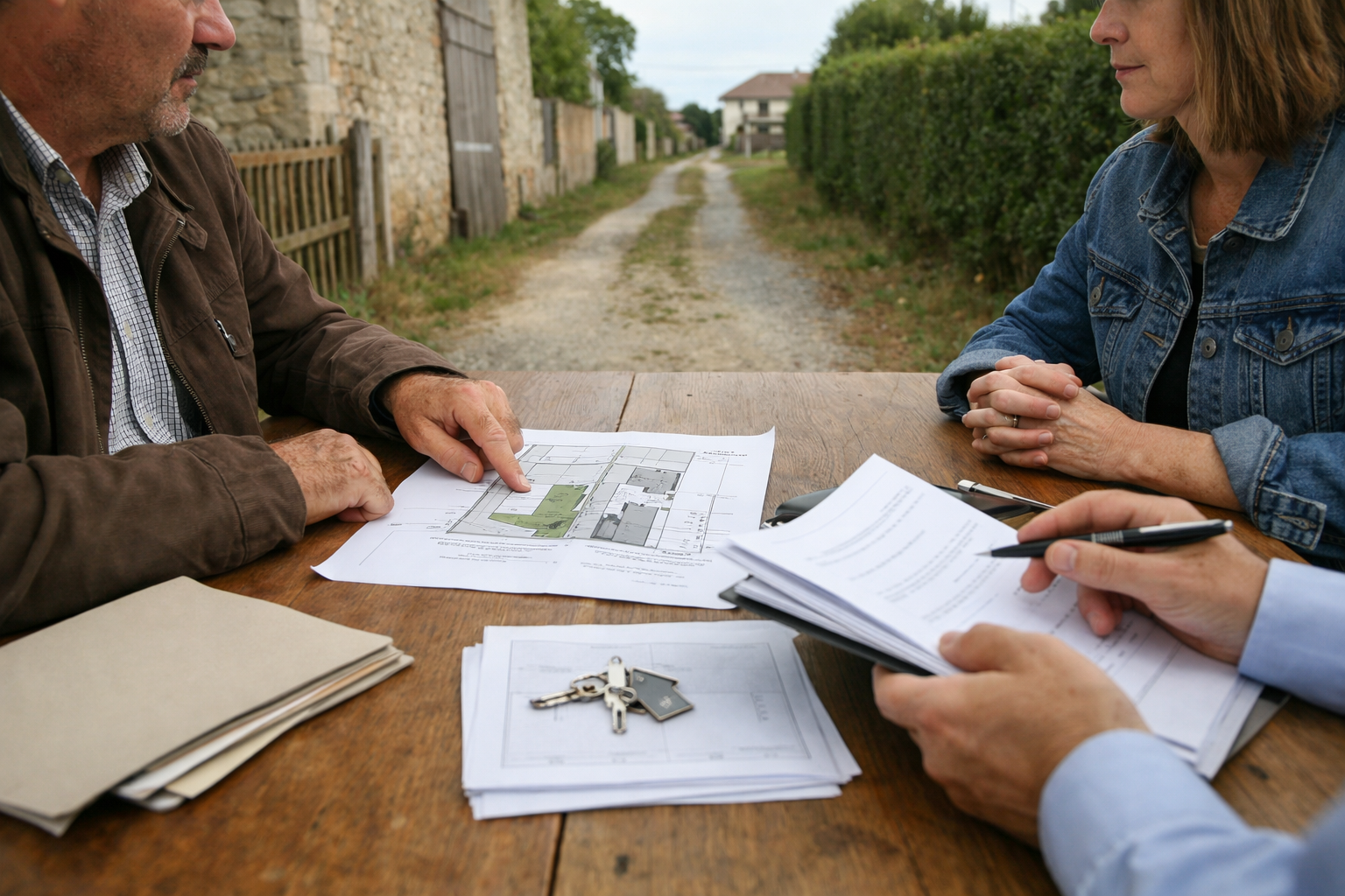 Mains tenant contrats et clés sur table en bois