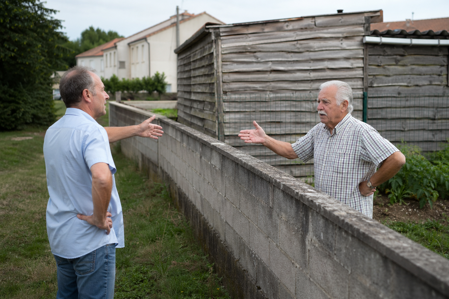 Deux voisins âgés discutant par-dessus un muret