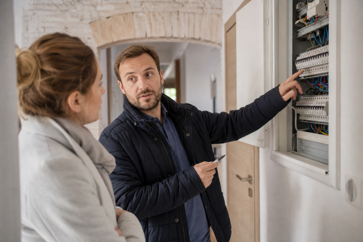 Technicien montrant un tableau électrique à une cliente