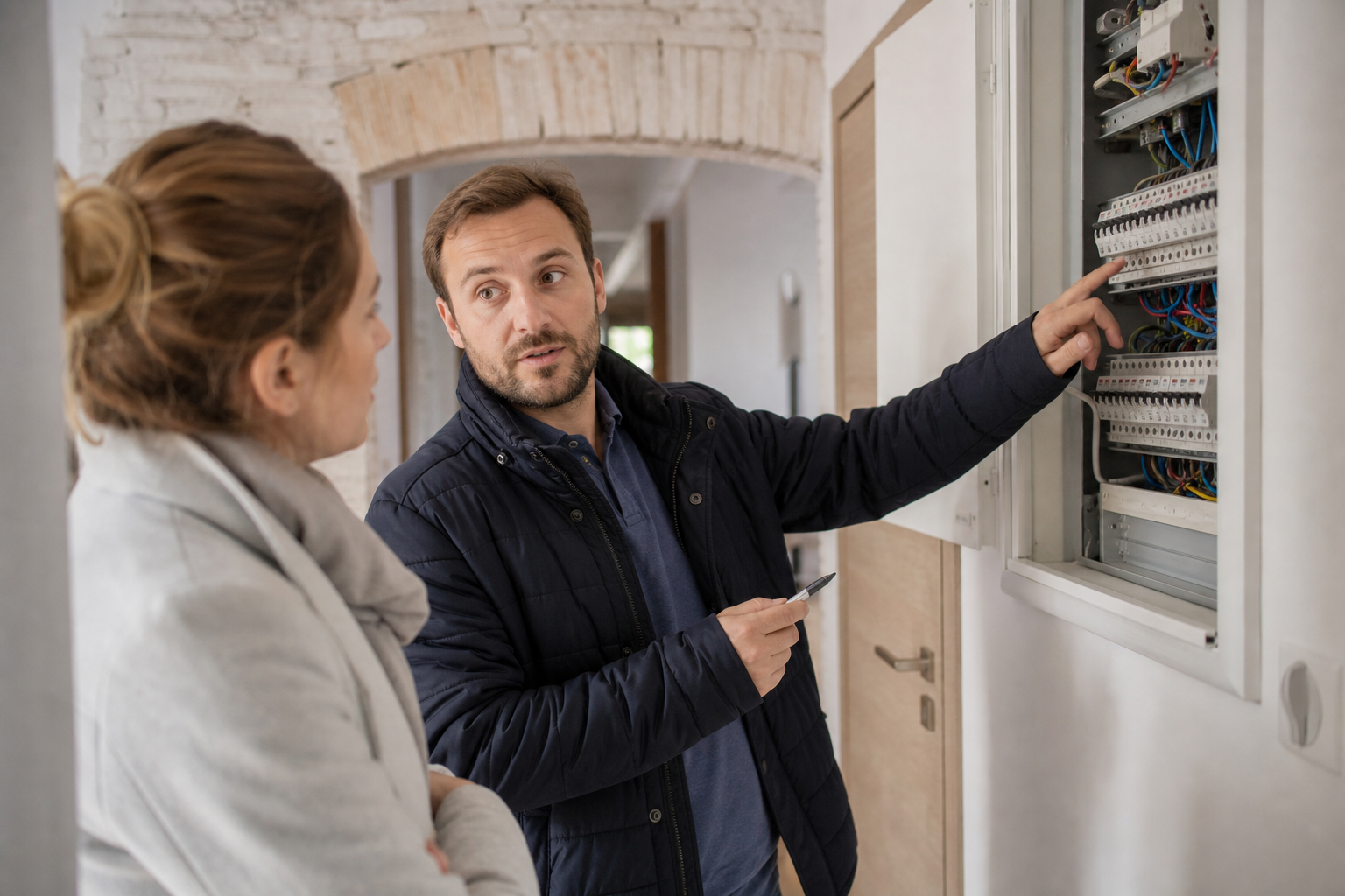 Technicien montrant un tableau électrique à une cliente