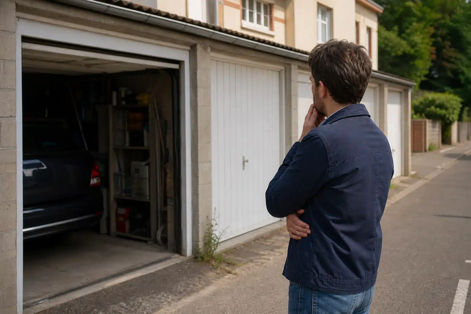 Homme pensif devant garage partiellement ouvert